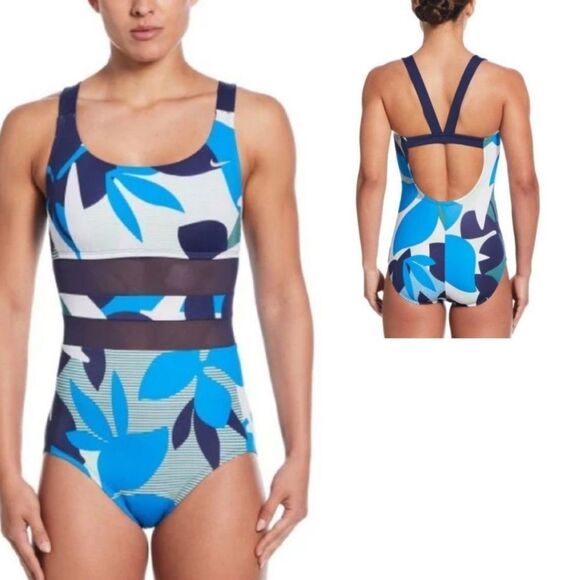 NIKE Women's Mesh Floral Print V-Back One Piece Swimsuit - Picture 1 of 9